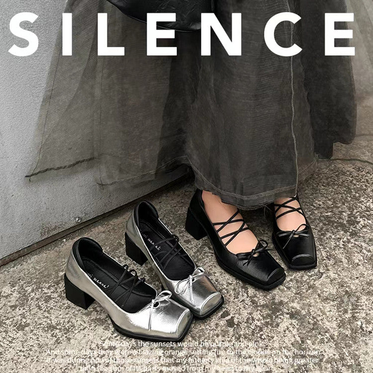 Karin Luna In Stock Spot Goods  Popular Self-flowing Bowknot Square Toe Chunky Heel Single Shoes