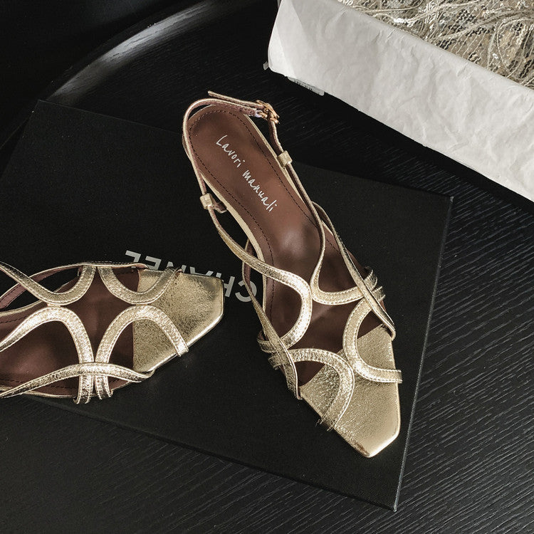 Karin Luna French Hollow Style Small Square Toe Chunky Heel Sandals