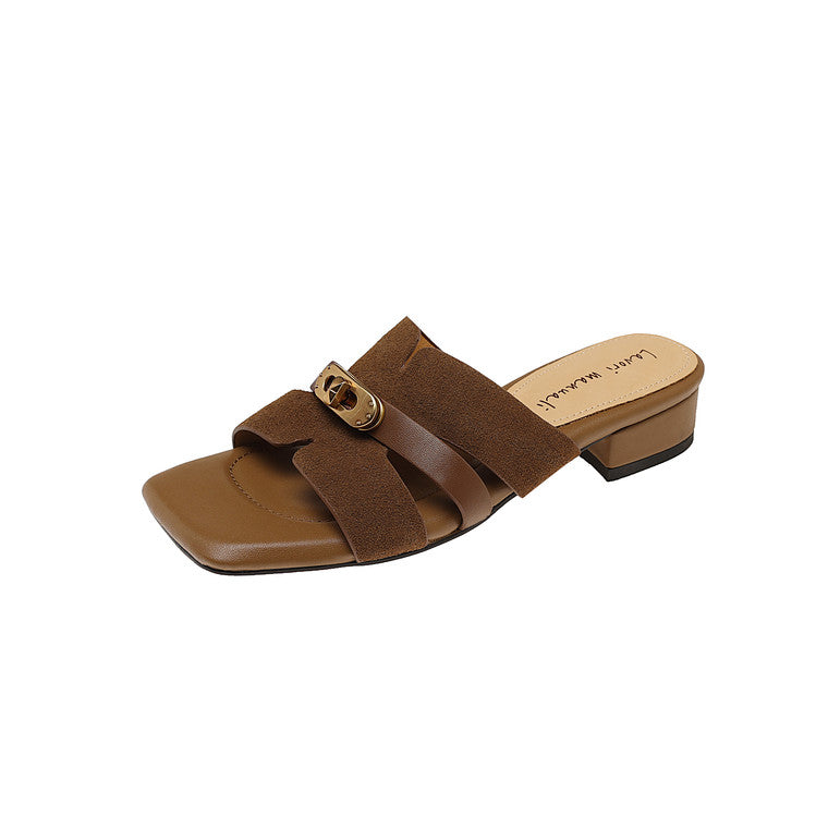 Karin Luna Comfortable Gold Buckle Square Toe Chunky Heel Casual Style Slippers