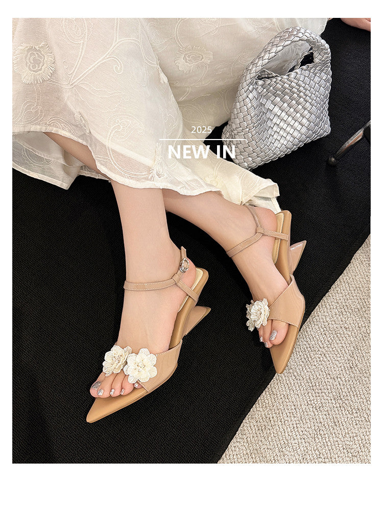 Karin Luna In Stock Spot Goods  Classic Camellia Pointed Toe Elegant Irregular Heel Sandals