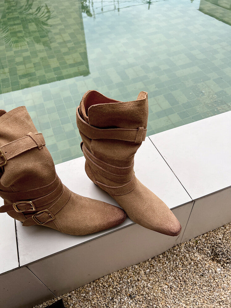 Karin Luna Cow Leather Small Square Toe Belt Buckle Fashion Boots