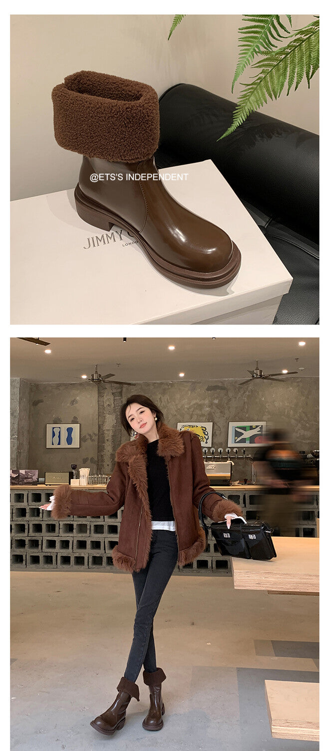 Karin Luna Classic Basic Style   Convertible Foldable Hidden Buckle Snow Fur Shoes Full cowhide Basic Flat Short Boots