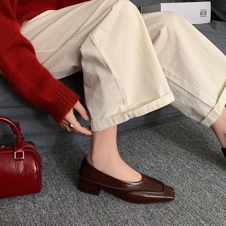Karin Luna In Stock Spot Goods  Retro Full Leather Square Toe Shallow Mouth Single Shoes