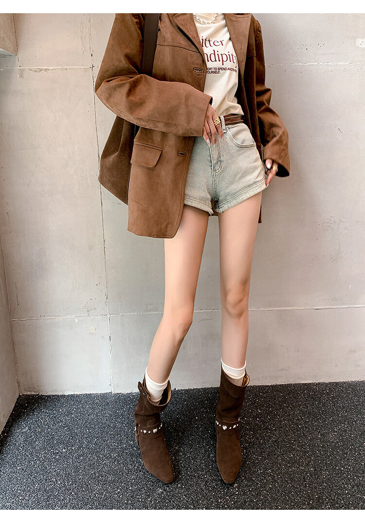 Karin Luna has prepared stock  Hot-Selling Retro Pointed Toe Wedge Metal Buckle High Tube Western Boots