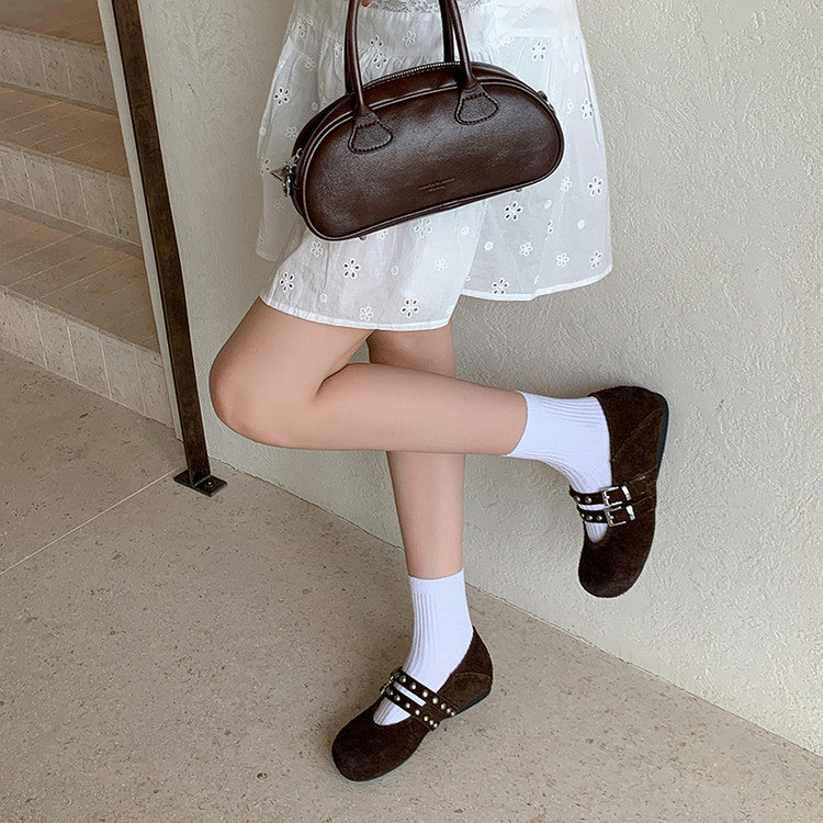 Karin Luna Hot Item Hot Item Punk Style One-Strap Round-Toe Suede Leather Height-Increasing Flats