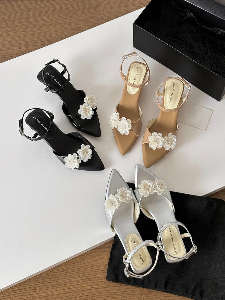Karin Luna In Stock Spot Goods  Classic Camellia Pointed Toe Elegant Irregular Heel Sandals