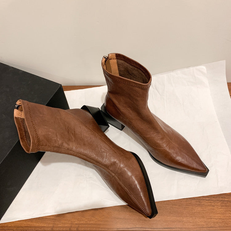 Karin Luna Elegant Style Pointed Toe Chunky Heel Short Boots