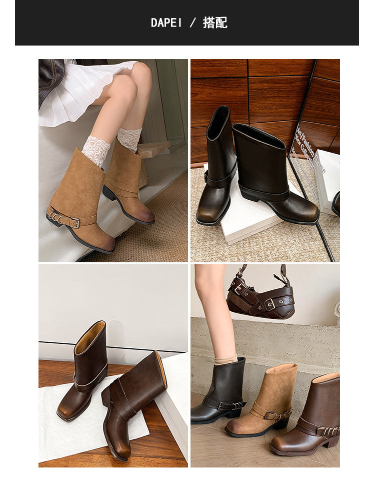 Karin Luna Elegant Style Square Toe Belt Buckle Pants Boot Short Boots