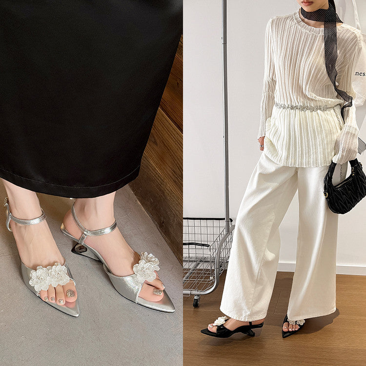 Karin Luna In Stock Spot Goods  Classic Camellia Pointed Toe Elegant Irregular Heel Sandals