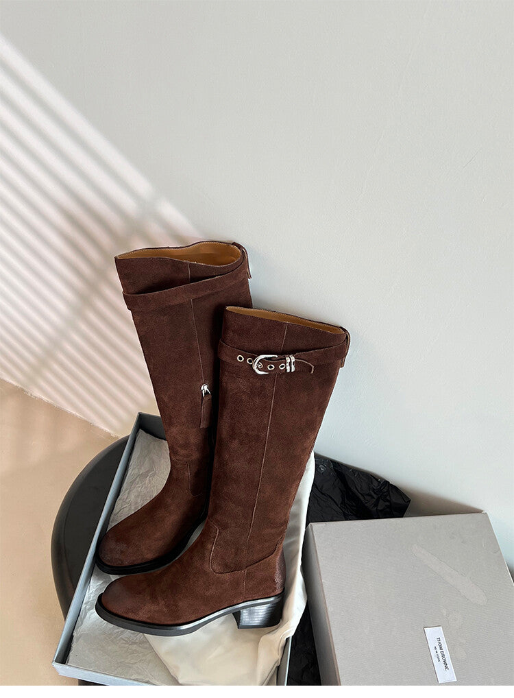 Karin Luna Chunky Heels Round Head Belt Buckle  Fashionable Suede Boots