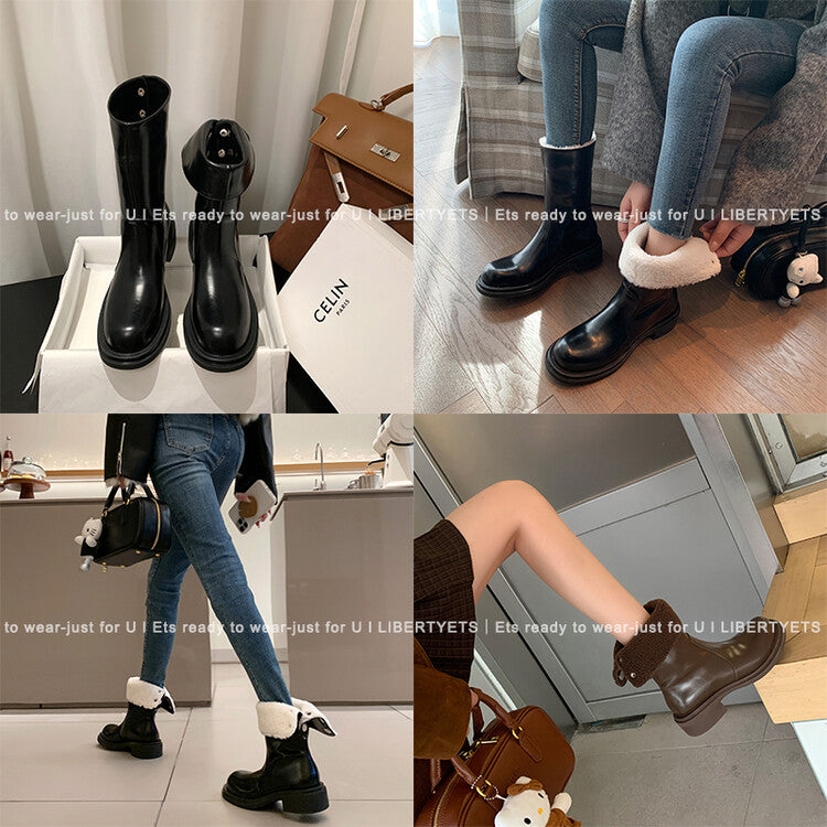 Karin Luna Classic Basic Style   Convertible Foldable Hidden Buckle Snow Fur Shoes Full cowhide Basic Flat Short Boots