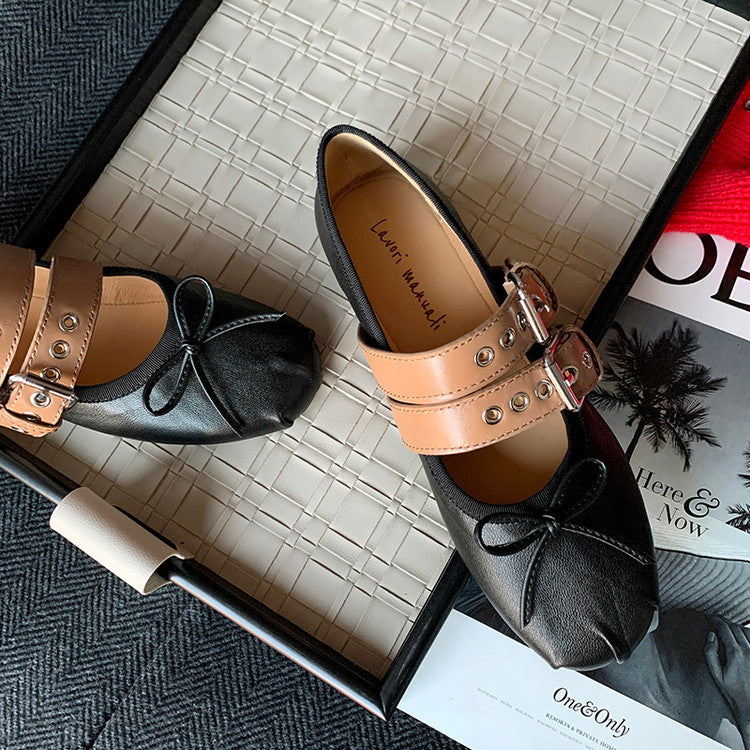 Karin Luna In Stock Spot Goods Minimalist Retro Round Toe Mary Jane Bowknot Height-Increasing Flats