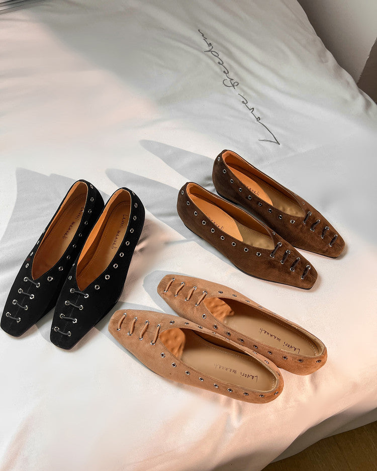 Karin Luna In Stock Spot Goods    Old Money Style Square Toe Suede Flats