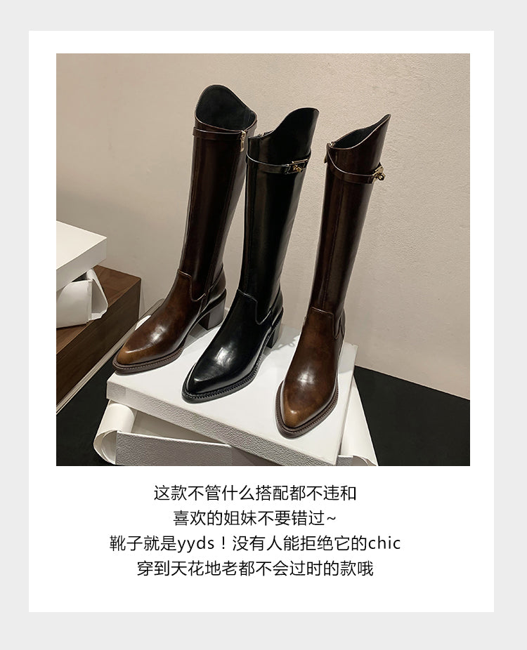 Karin Luna In Stock Spot Goods  Elegant Series~Pointed Toe Chunky Heel Metal Buckle Popular Style Riding Boots