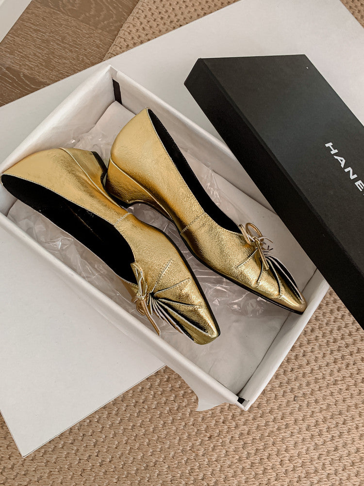 Karin Luna French Style Wrinkled Square Toe Height-Increasing Flats