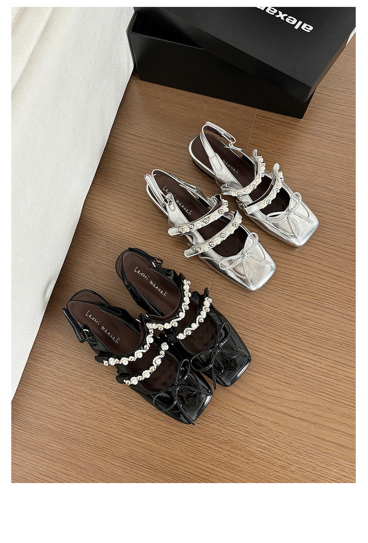 Karin Luna In Stock In Stock  Square Toe Bowknot Pearl Strap Closed-Toe Sandals