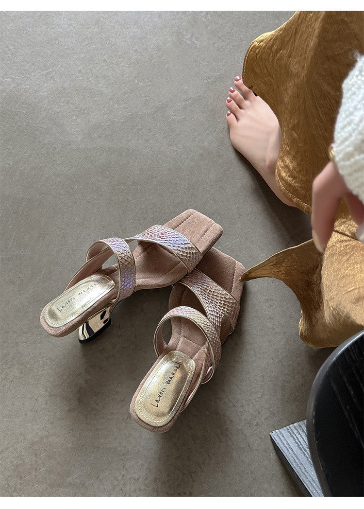 Karin Luna Fish Skin Series~Minimalist Square Toe Popular Irregular Heel Slippers