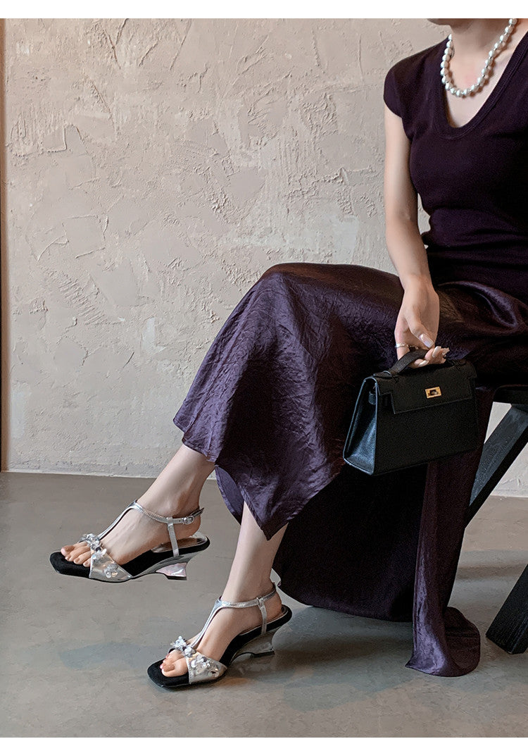Karin Luna Hot-Selling Sequin Floral Series ~  Square Toe Irregular Heel Square Toe Sandals