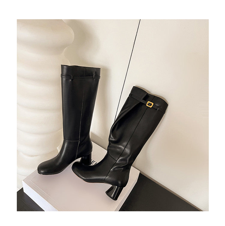 Karin Luna In Stock In Stock Mango Head Large Tube Belt Buckle Chunky Heel Long Boots