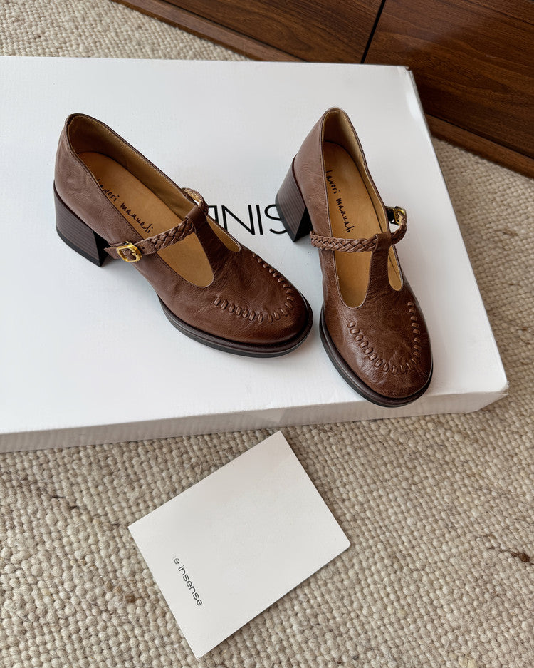 Karin Luna In Stock Spot Goods Vintage Braided Twist High Heels T Round Toe Thick Sole Single Shoes