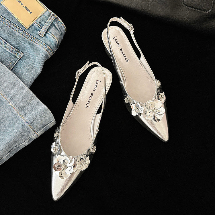 Karin Luna In Stock In Stock  Sequin Floral Pointed Toe Chunky Heel Closed-Toe Sandals