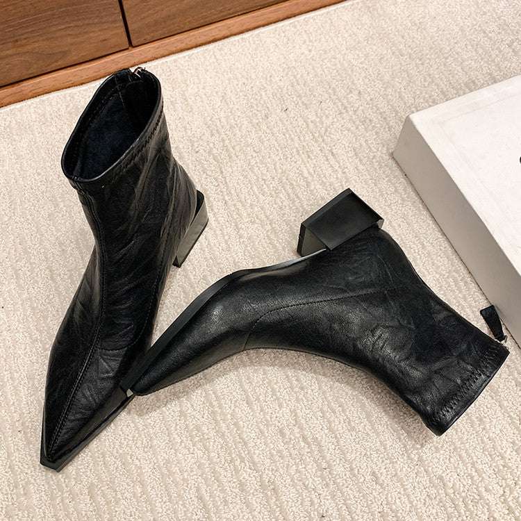 Karin Luna Elegant Style Pointed Toe Chunky Heel Short Boots