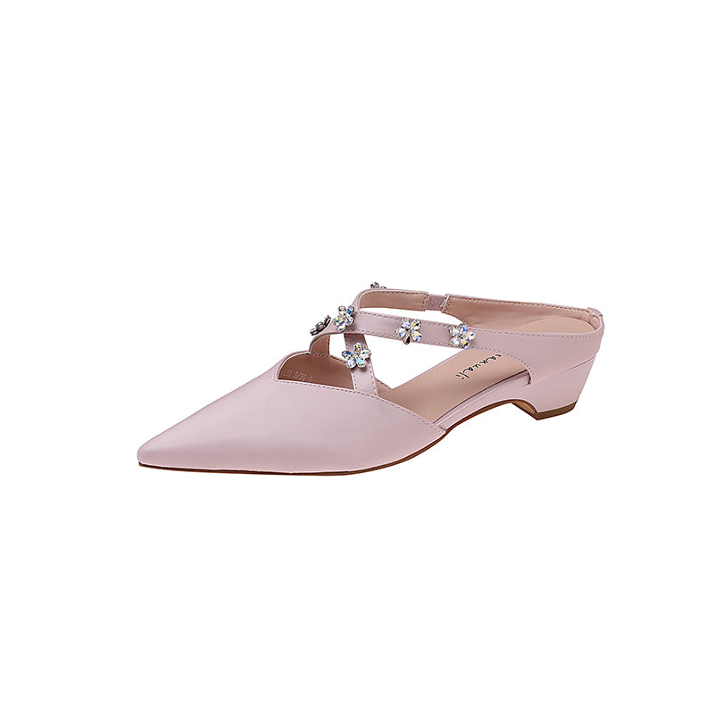 Karin Luna Elegant Pointed Toe Rhinestone Flower High Heel Mules