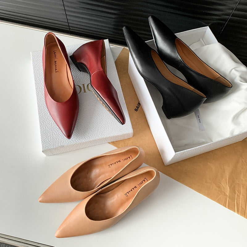 Karin Luna Full Layer Inside and Out~Basic Versatile Retro French Pointed Toe Irregular Heel Single Shoes