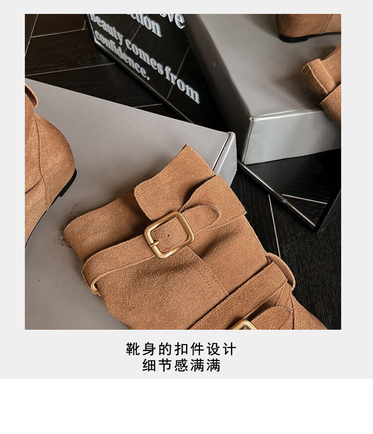 Karin Luna Cow Leather Small Square Toe Belt Buckle Fashion Boots