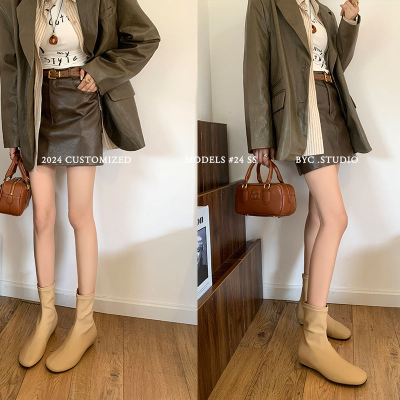Karin Luna In Stock Spot Goods Round Toe Basic Stretch Slim Short Boots