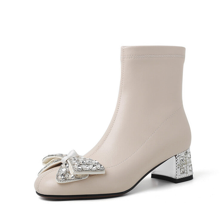 Karin Luna In Stock   Rhinestone Bow Thick Heel Slim Boots