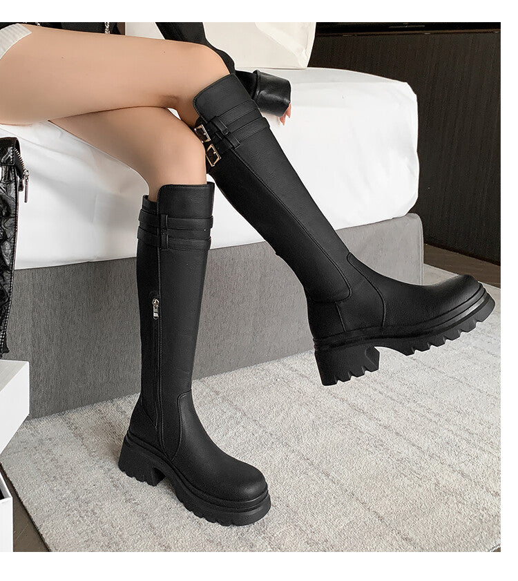 Karin Luna In Stock Best-selling in stock   Super Soft Sheepskin  Round Toe Thick Sole Vintage Belt Buckle Long Boots