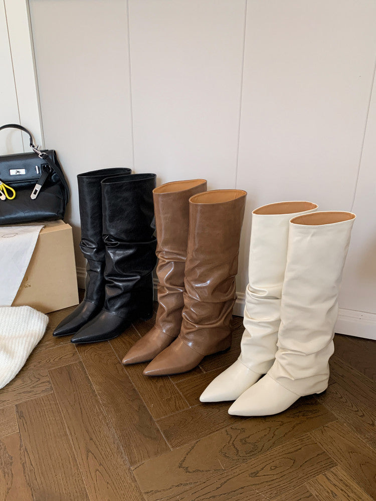 Karin Luna Elegant Style Pointed Toe Hidden Wedge Long Boots