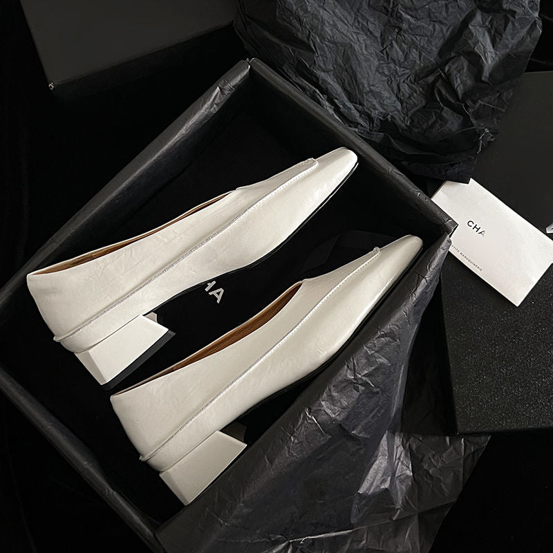 Karin Luna In Stock Spot Goods  Retro Full Leather Square Toe Shallow Mouth Single Shoes