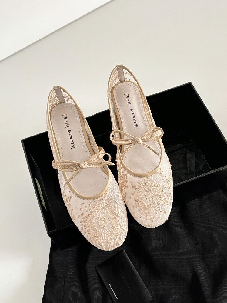 Karin Luna In Stock Spot Goods  Summer Breathable Retro Embroidered Bow Granny Shoes