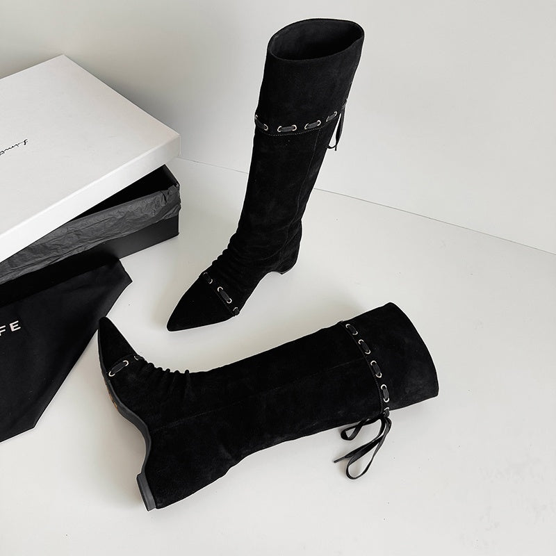 Karin Luna Elegant Style  Pointed Toe Pleated Hidden Wedge Western Boots