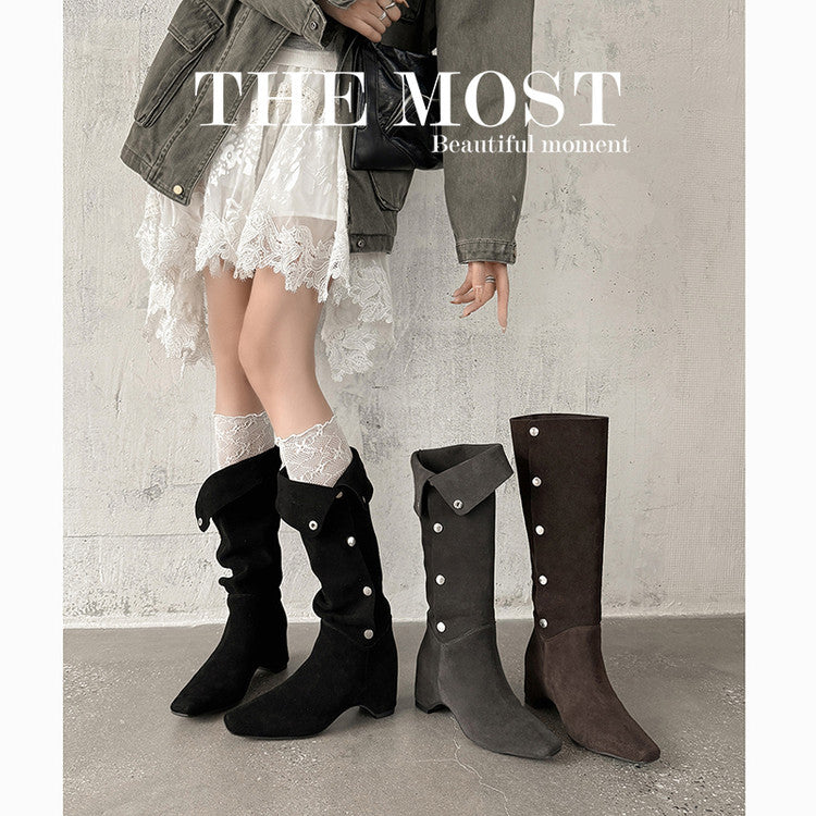 Karin Luna Bestseller Hot-Selling Hidden Buckle Lazy Style Square-Toe Height-Increasing Suede Western Boots