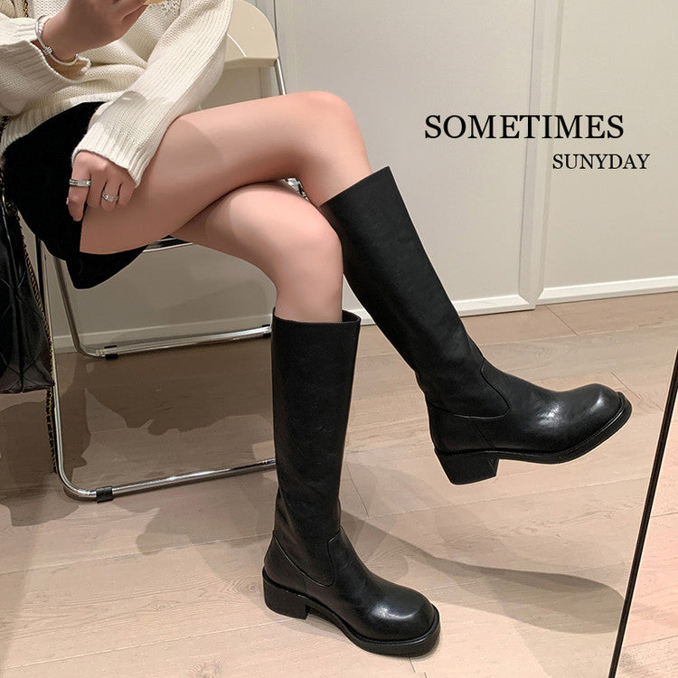 Karin Luna Basic Versatile Style Round Toe Chunky Heel Long Boots
