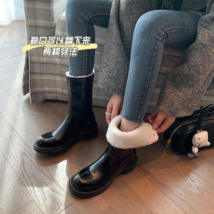Karin Luna Classic Basic Style   Convertible Foldable Hidden Buckle Snow Fur Shoes Full cowhide Basic Flat Short Boots