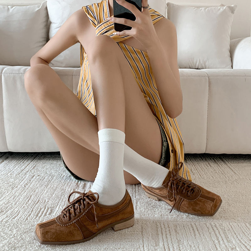 Karin Luna In Stock Spot Goods   Pig Nose Thin Strap Square Toe Patchwork Single Shoes