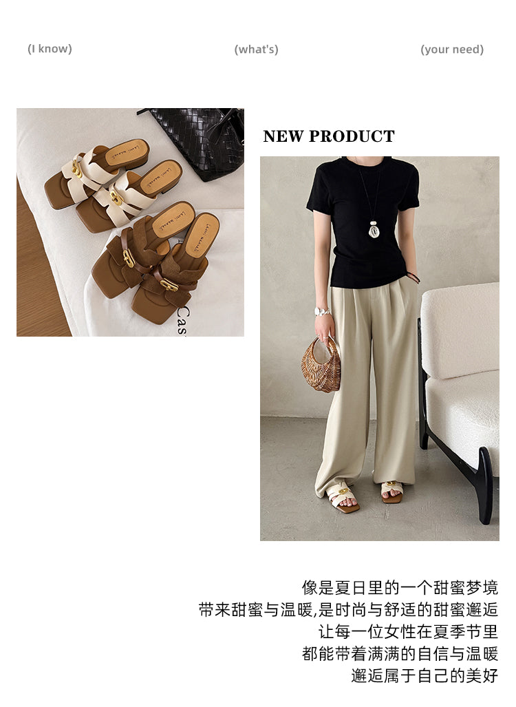 Karin Luna Comfortable Gold Buckle Square Toe Chunky Heel Casual Style Slippers
