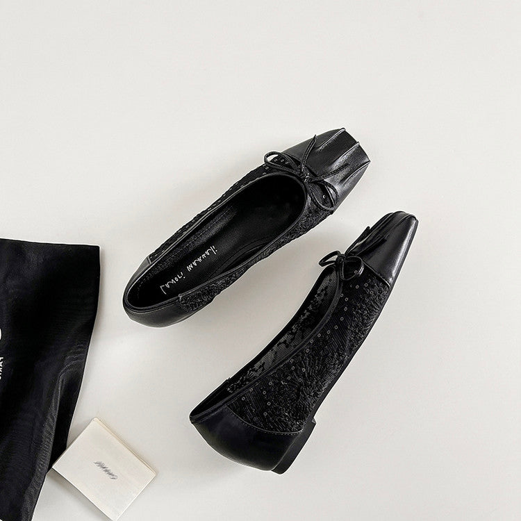 Karin Luna In Stock In Stock  Wrinkled Square Toe Patchwork Breathable Mesh Bow Granny Shoes