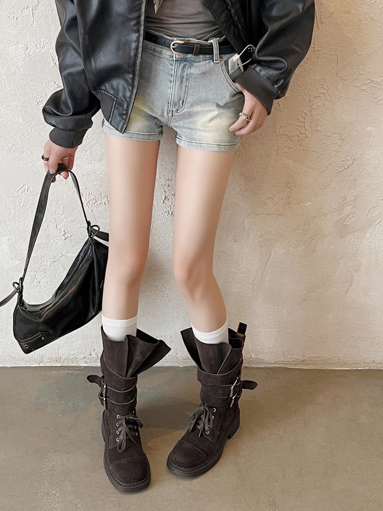Karin Luna Bestseller Hot-Selling Large Tube Leather Belt Buckle Round Toe Thick-Soled Short Boots