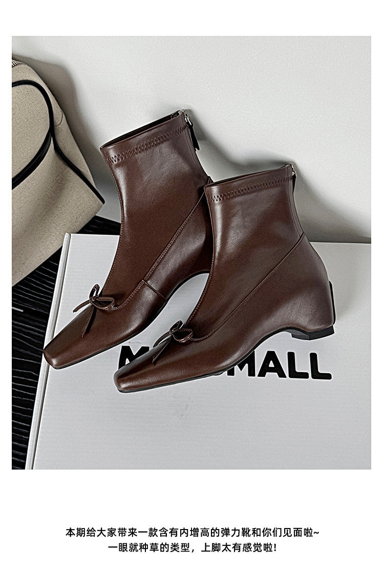 Karin Luna French Style Square Toe Bowknot Hidden Wedge Slim Boots