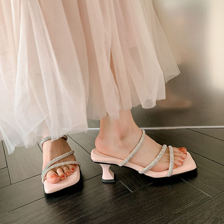 Karin Luna In Stock Spot Goods  Minimalist Versatile Square Toe Rhinestone Strap Open-Toe Sandals