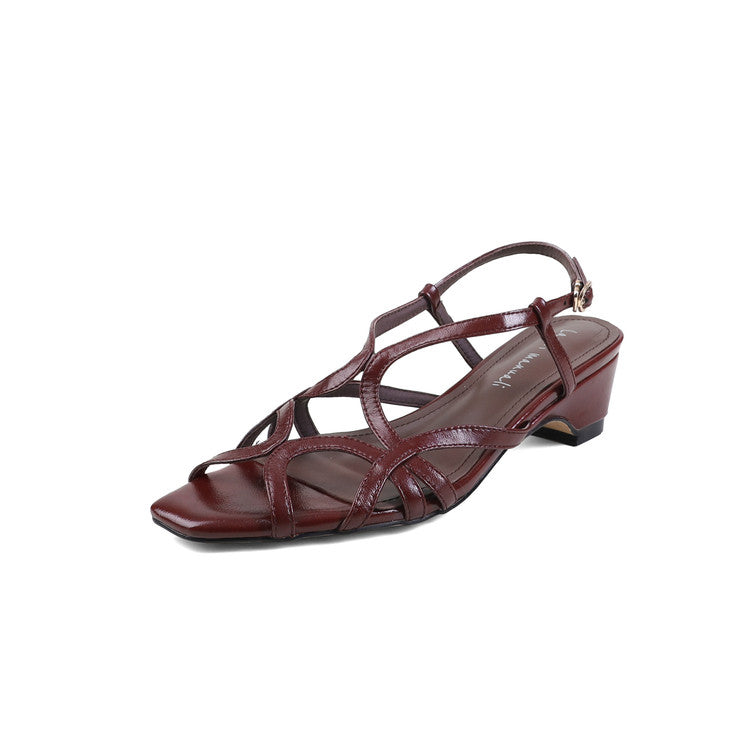 Karin Luna French Hollow Style Small Square Toe Chunky Heel Sandals