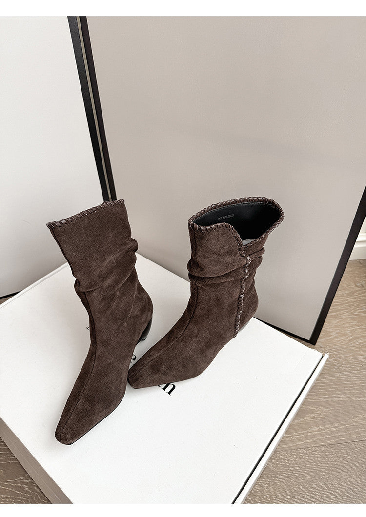 Karin Luna Elegant Style Small Square Toe Pleated Short Boots