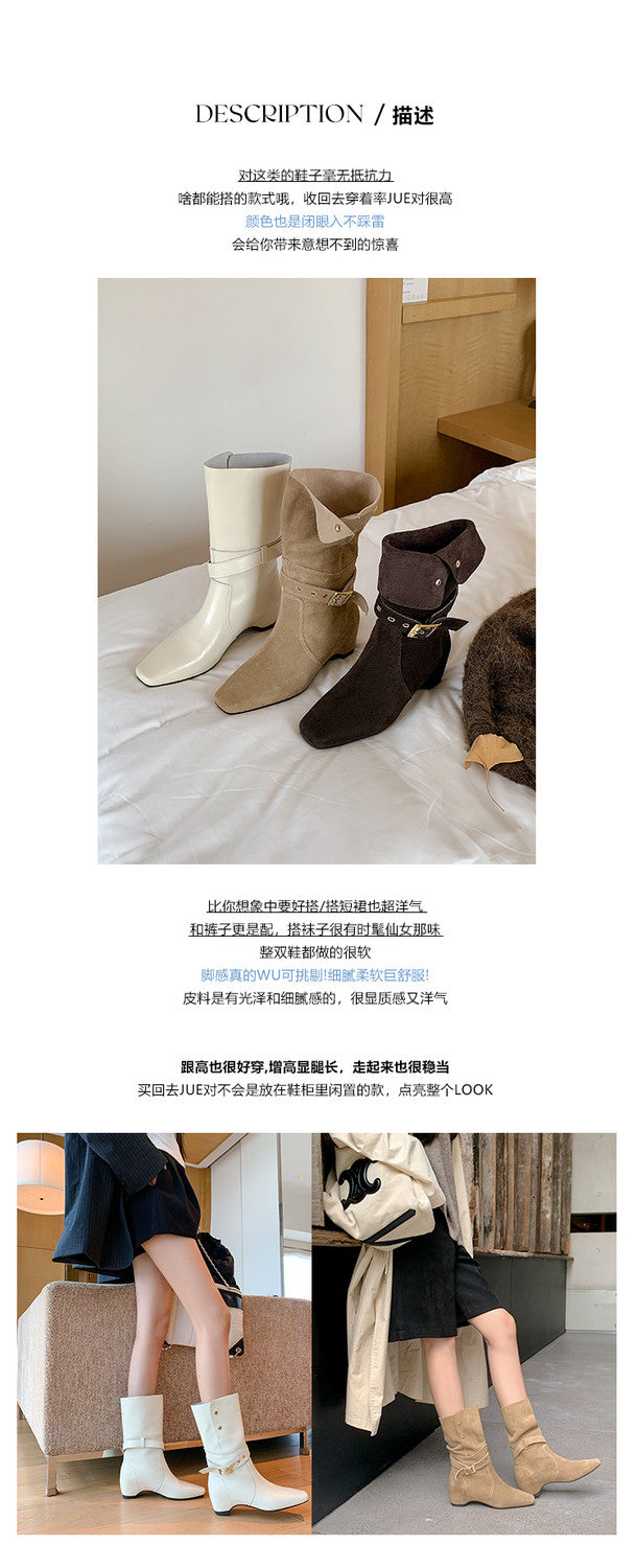 Karin Luna Foldable Belt Buckle Square Toe Hidden Wedge Short Boots