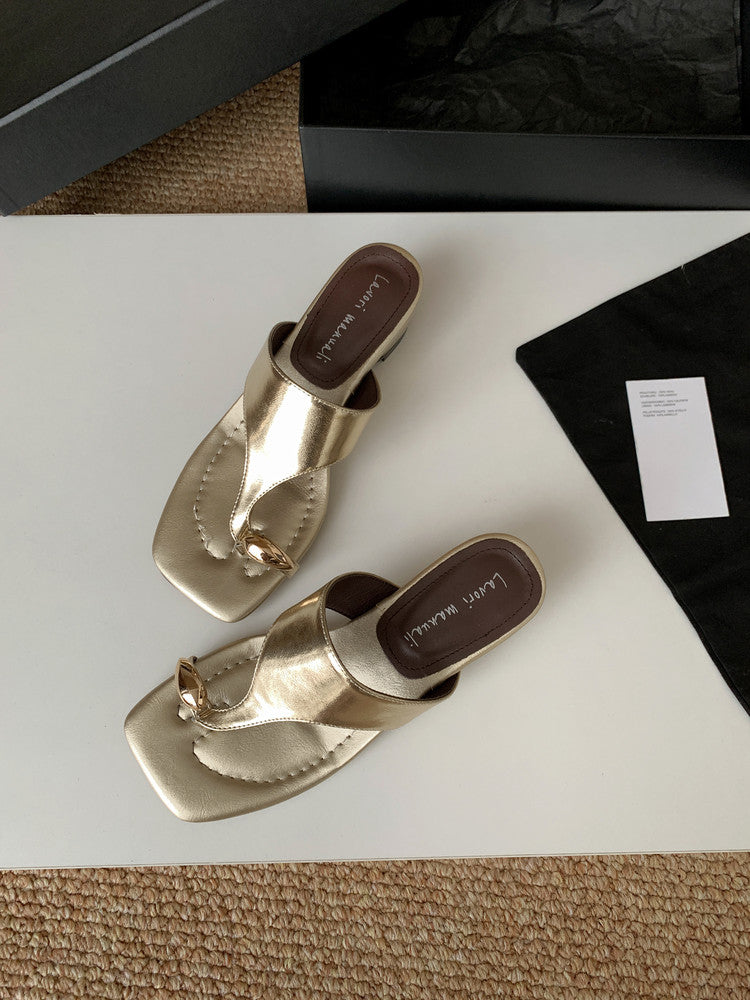 Karin Luna In Stock Spot Goods Clip-toe Square Toe Metal Buckle Minimalist Slippers
