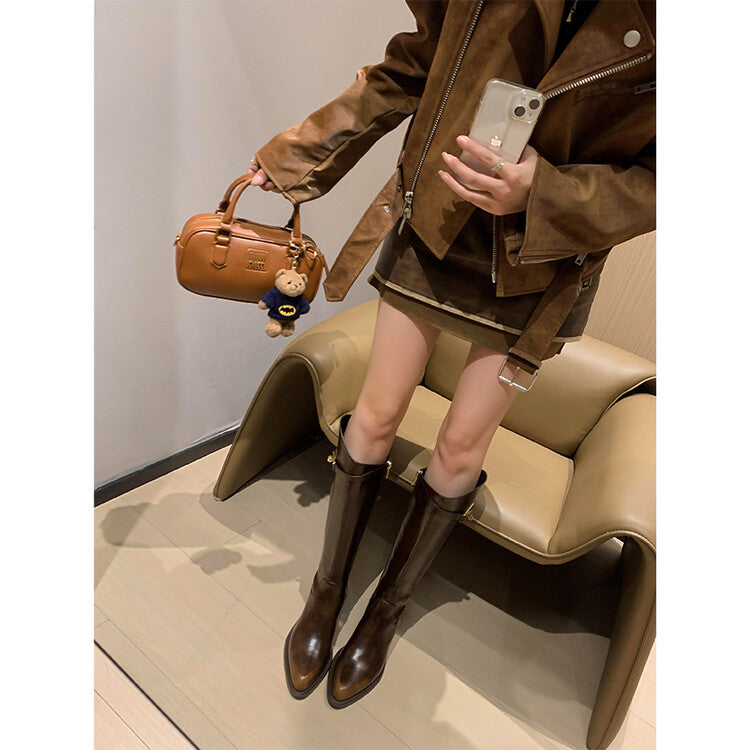 Karin Luna Hot-Selling Fasteners Sold as soon as listed Comes with data plan included Pointed Toe Chunky Heel Classic Full Cowhide Leather Riding Boots